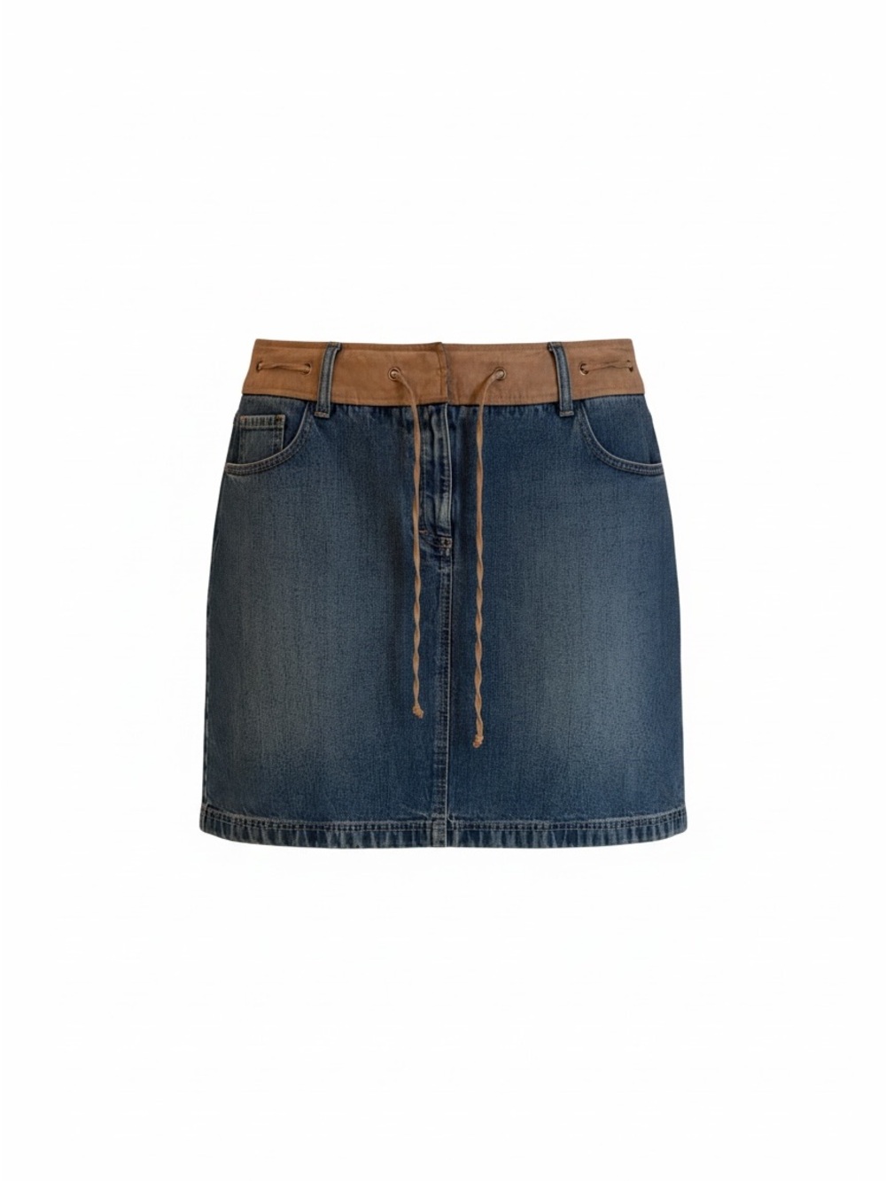 LOFT Blue Denim Mini Skirt with Tan Waistband